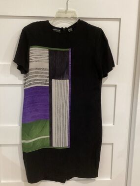 Liz Claiborne Black Shift Dress with Purple and Green Geometric Panel